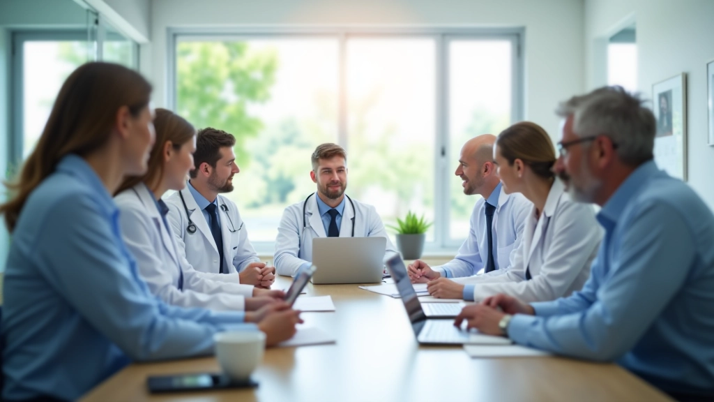 Healthcare team meeting in clinic discussing scheduling transition